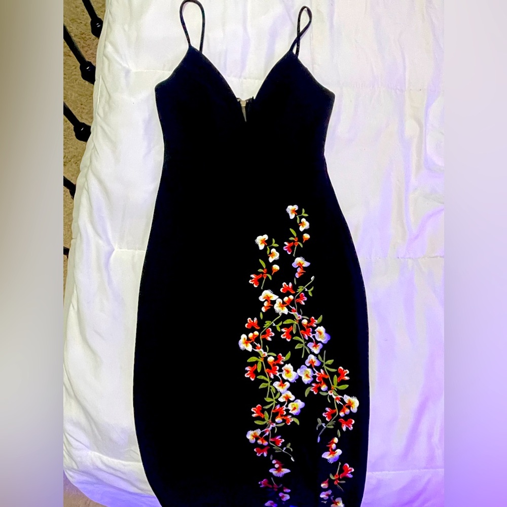 Black spaghetti strap dress with embroidery